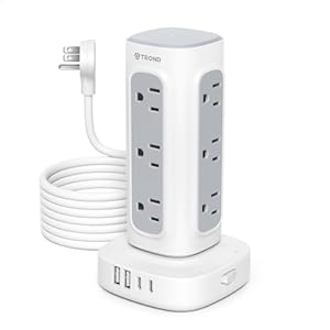 TROND Tower Power Strip Surge Protector – Power Strip with 4 USB Ports(2 USB C), 12 Widely Spaced Outlets, Ultra Thin Flat Plug 10ft Extension cord, 1700J, Home Office Supplies, Dorm Room Essentials