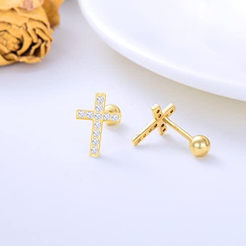 14K Gold Created Moissanite Cross Stud Earrings For Women, Real Gold Ball Screw Back Double Sided Earrings #TOP3