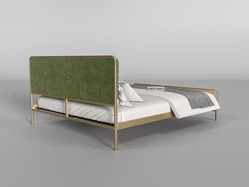 Image of Modern Upholstered Double Size Bed for Bedroom | Metal Double Bed | Platform Cot Bed with Upholstery Premium Fabric | 6.5 x 4 Ft | Powder Coated Metal Bed | Green