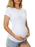 MIRAZEN Maternity Shirts for Women – Crew Neck Maternity Top Short Sleeve Side Ruched Pregnancy Summer Clothes, White, Large