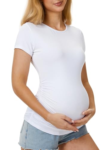 MIRAZEN Maternity Shirts for Women Crew Neck Maternity Top Short Sleeve Side Ruched Pregnancy Summer Clothes White XX-Large