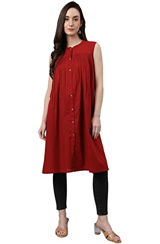 Image of Janasya Women's Maroon Dobby Cotton Solid Gathered Tunic