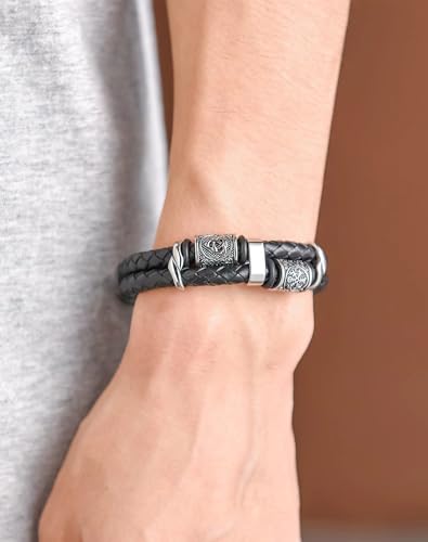 Viking Compass Celtic Knot Bracelet, Mens 14K Gold Plated Black Braided Leather Cuff, 316L Stainless Steel Jewelry for Women Friend Father Husband Son3