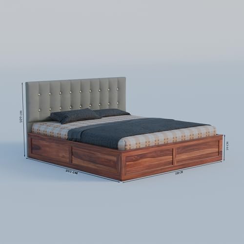 Image of Sheesham Wood Queen Size Bed with Storage Box | Upholstered Beds | Platform Cot with Cushioned Headboard | Double Bed for Home | Recommended Mattress 78x60 Inch | Grey & Honey Finish