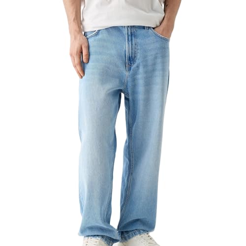 Mxiqqpltky Men's Baggy Jeans Retro Hip Hop Wide Leg Denim Pants Stretchy Loose fit Straight Leg Jeans Trousers 90s Streetwear