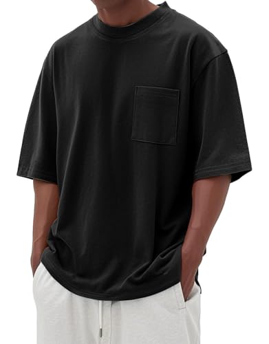 Men's Oversized Cotton T-Shirt Short Sleeve Casual Crew Neck Solid Pocket Tee Basic Workout Tops