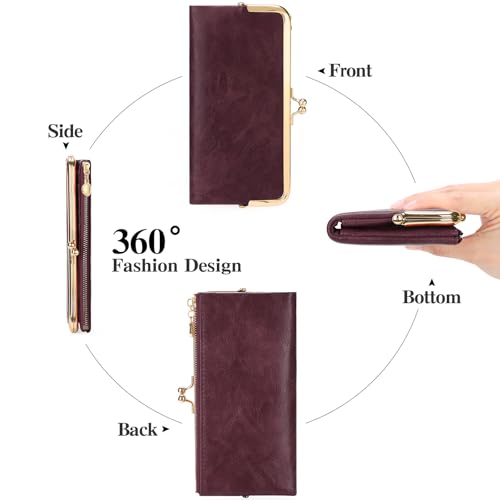Image of GOIACII Womens Wallet Kiss Lock Bifold Leather Wallets for Women Vine Red | Vintage Wallet for Women,Ladies Clutch Purse,Women's Card Holder Wallet with Zipper