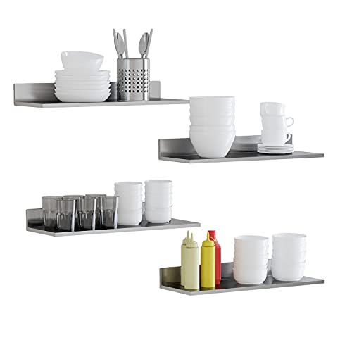 Wallniture Plat Stainless Steel Floating Shelves for Wall, 23.6" Metal Wall Shelves for Restaurant, Bar, Cafe, Kitchen Organization and Storage, Silver Set of 4