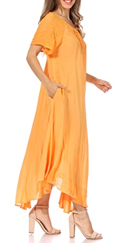 Image of Sakkas Egan Long Embroidered Caftan Dress /Cover Up with Embroidered Cap Sleeves