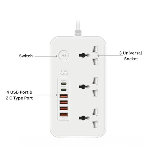 Image of Extension Board, Power Strip with 6 USB Ports and 3 Universal Socket, 2500W 10A Extension Cord, 3-Pin Surge Protector Power Strip for Home, Office, Computer, Mobile Charging (White-Z65)