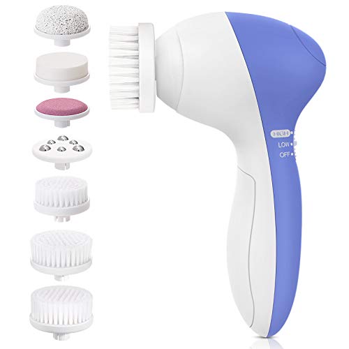 Facial Cleansing Brush PIXNOR Waterproof Face Spin Brush with 7 Brush Heads for Deep Cleansing,Gentle Exfoliating, Removing Blackhead, Massaging, Purplish Blue
