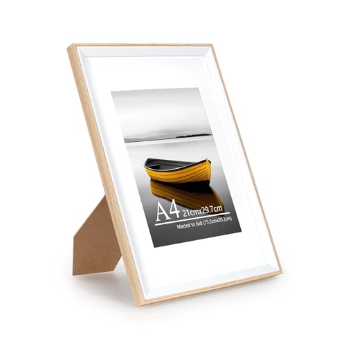 Baoee A4 Oak white Two Tone Picture Frame with 6x8 Mount photo frame with acrylic glass A4 Frame Poster Frame certificate frame Wall Mountable