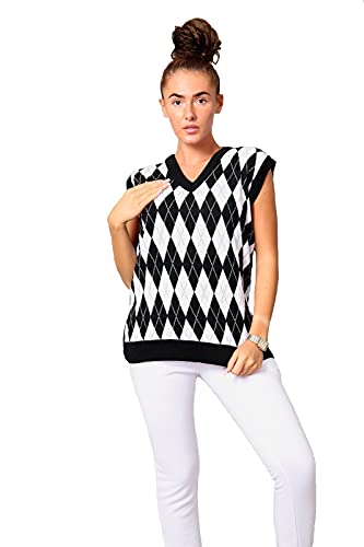 Damen Weste mit Karomuster, V-Ausschnitt, Strickweste, Pullover, Weste, Tanktop, Black-Diamond, Einheitsgröße Cover