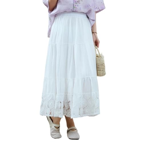 Women Lace Patchwork Midi Skirt Loose Daily Beach High Waist Slimming Cake A-Line Skirt