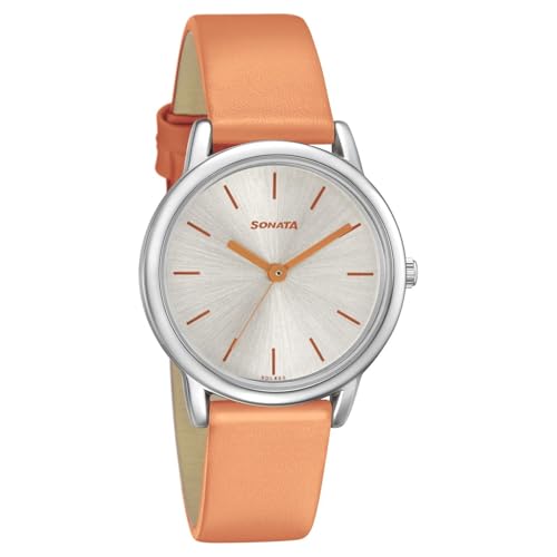 Image of Sonata Excl Fkt Plain 3 Hands Silver Round Dial Orange A1Leather Strap Women's Watch - 8172SL04