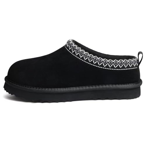 Genuine Suede Fuzzy Slippers for Women Winter Warm House Shoes Cozy Mini Boots Indoor Outdoor, Black 413