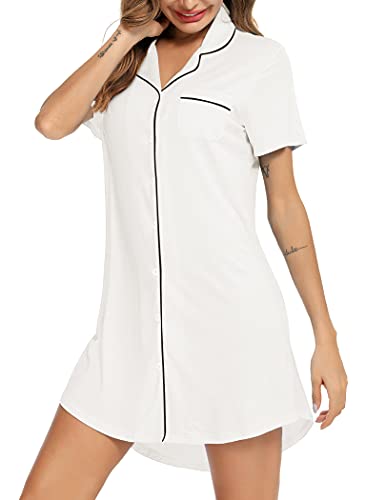 Image of Samring Pajama Nightgown for Women Short Sleeve Button Down Boyfriend Night Gown Nightdress Sleep Shirts