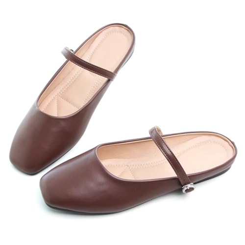 Hee grand Mules for Women Mary Jane Shoes Retro Square Toe Strap Backless Flat Mules Comfortable Flat Slippers