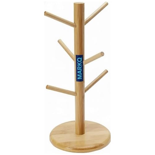 MARKQ Wooden Cup and Mug Holder Tree 6-Hook Coffee Mug Stand Durable Natural Wood Rack for Kitchen Countertop Donut Display & Jewelry Organizer Eco-Friendly Anti-Slip Base (Natural Finish)