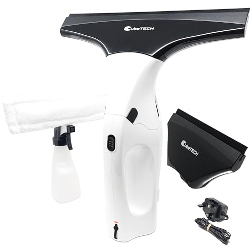 CubeTECH CTWV2 Akku Fenstersauger – Kabelloser Fensterputzer Elektrisch, Fensterreiniger mit Mikrofasertuch & Fensterabzieher, Streifenfrei Reinigen für Fenster, Duschtüren, Spiegel & Kondenswasser