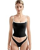 SUUKSESS Women Double Line Square Neck Tank Top Summer Going Out Tops Sleeveless Basic Cami Shirts (Black-White, S)