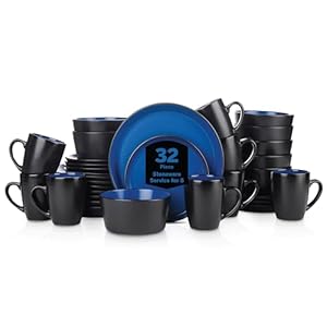 Stone Lain Albie Stoneware 32-Piece Modern Dinnerware Set, Kitchen Plates and Bowls Sets, Dish Set for 8, Blue and Black