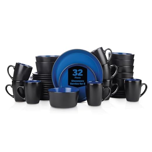 Stone Lain 32 Piece Glazed Stoneware Dinnerware Set, Service 8, Blue and Black