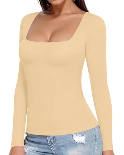 MANGOPOP Fleece Lined Square Neck Long Sleeve T Shirt for Women Slim Fit Winter Thermal Tops (Nude, XX-Large) - Thumbnail 2