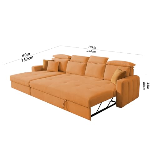 Image of Casaliving Gagnon LHS 6 Seater L Shape Corner Sofa Cum Bed for Living Room (Orange Fabric) Premium Fabric Sofa