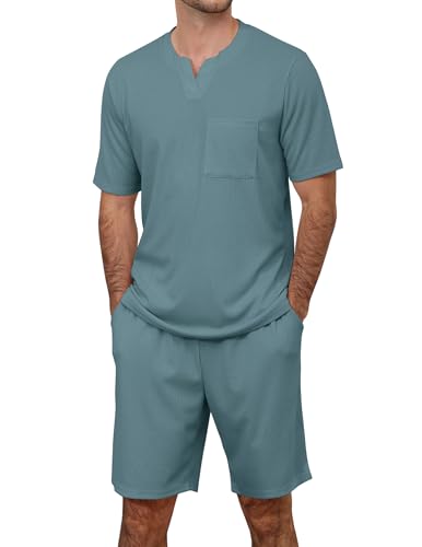 Image of JiniGolla Mens Pajamas Set Soft Short Sleeve Top and Pant Loungewear Sets 2 Piece Pjs with Pockets