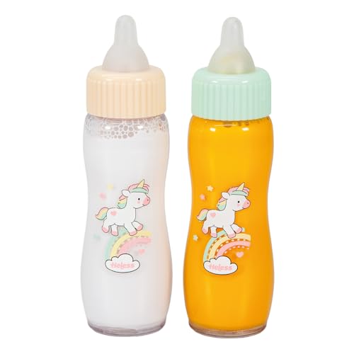 Heless 930 - Set de biberons Magiques « Henri la Licorne », Accessoires pour poupées Comprenant 2 biberons avec du Lait et du jus Magiques