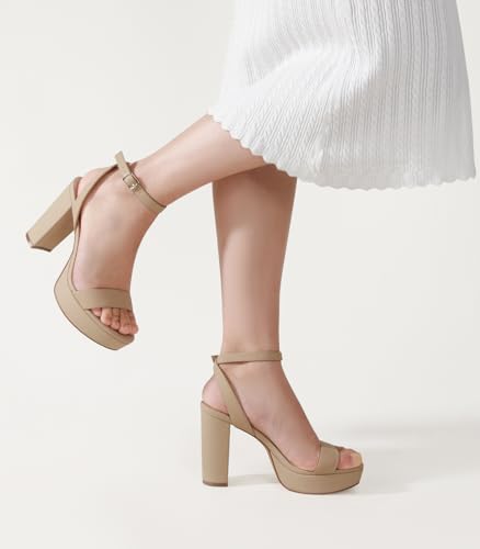 Image of Ankis Platform Heels for Women 4 Inches Chunky Heels Sandals for Women Comfy Open Toe Block Heeled Sandals Nude White Silver Gold Black Ankle Strappy Heels