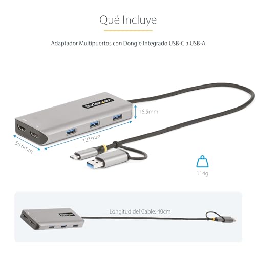 Adaptador USB-C a HDMI doble multipuerto con tres conexiones USB-A de 5Gbps y cable largo 6