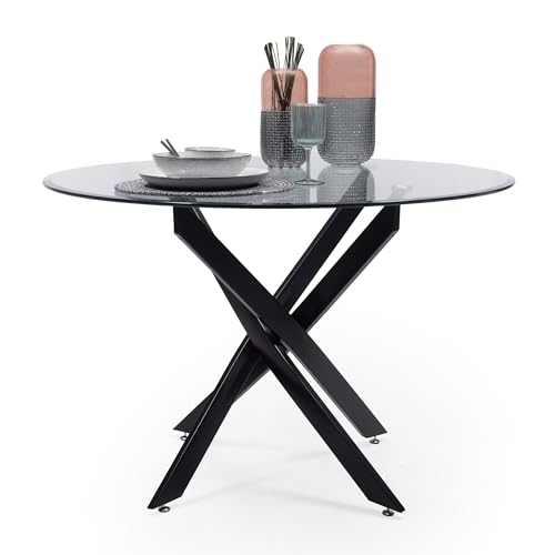 Homely - Mesa de Comedor Redonda Black Dalila, Cristal Templado de 110 cm de diámetro, Estructura metálica en Acabado Color Negro, de 110x73 cm