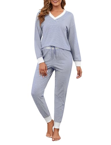 Women Cotton Pajama Sets 2 Piece Lounge Set Stripe Long Sleeve V Neck Pj Set Loungewear Soft Sleepwear with Pockets