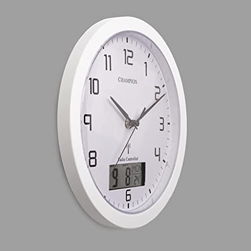 Champion 25cm MSF Radio Controlled Quartz wall clock with inset LCD display with day/date - White