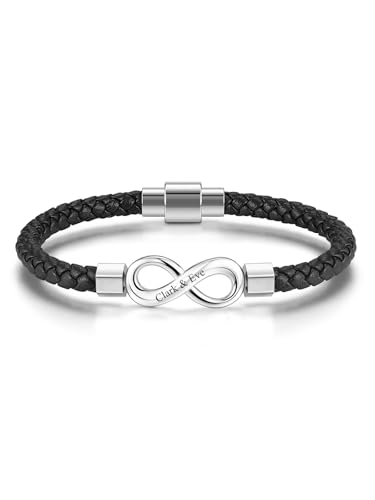 JSDDE Personalisiert Lederarmbänder Leder Armband mit Gravur Infinity Unendlichkeit Symbol Armreif mit Edelstahl Magnetverschluss Partnerarmbänder Schmuck für Damen Herren (Silber)