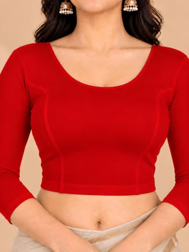 Image of Abhi Cotton Readymade Saree Blouse for Women- 3 /4 Sleeve, Round Neck, Regular-fit, Stretchable, Pull-on Style