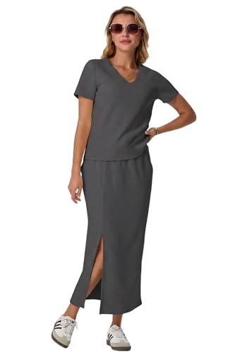 Image of GRECERELLE Women Summer Casual 2 Piece Sets V-Neck Wrinkle-Free Top & Elastic Waist Midi Side Slit Skirt with Pockets