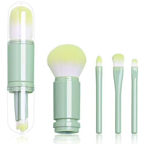 Mini Makeup Brush Travel Set - Green 4 in 1 Portable Telescopic Brush, Highlight Brush, Eyeshadow Brush, Foundation Blending Powder Brush Retractable Facial Cosmetic Lip Brush Set Cover