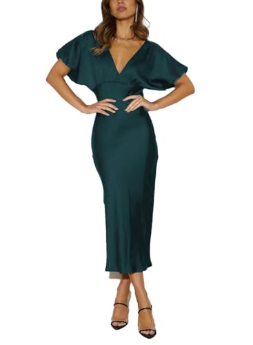 Image of Summer Satin V Neck Puffy Sleeves Empire Waist Midi Dresser Silk Sexy Tie Back Formal Cocktail Dresser for Women Wedding