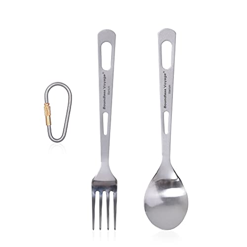 iBasingo 2 Piece/Set Titanium Tableware Camping Fork Spoon Outdoor Cutlery Travel Utensils for Picnic Hiking Backpacking Home Use Ti1048T
