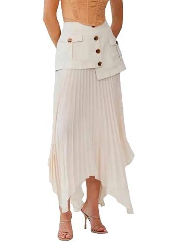 Women's A-Line Patchwork Skirt, Pleated High Waist Asymmetric