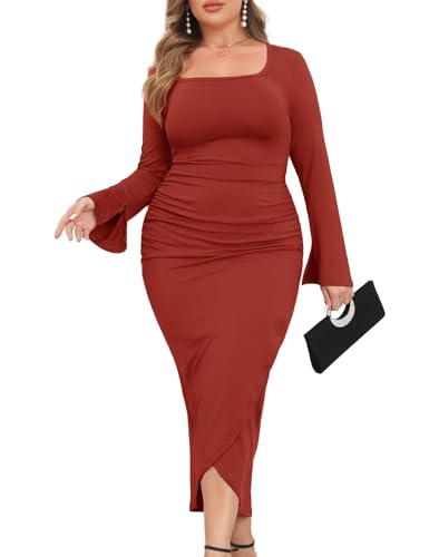Image of ZOMVA 2024 Plus Size Cocktail Dress Comfortable Bell Sleeves Wedding Guest Square Neck Semi Formal