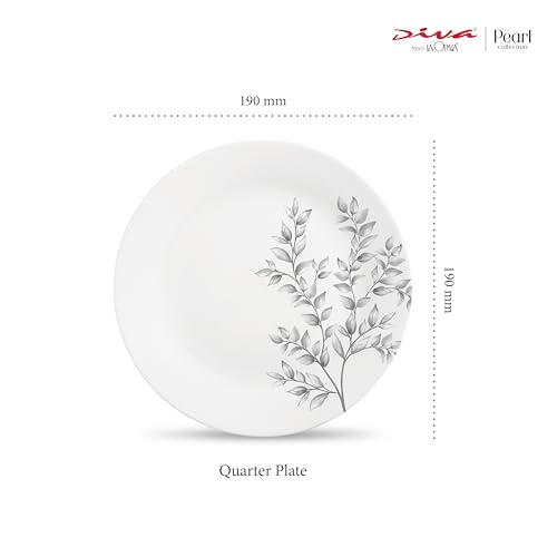 Image of La Opala Diva Pearl Collection Opal Glass Crockery | Quarter Plate Set of 6 | Dusky Vines Design | for Snacking & Gifting | Microwave Safe | 100% Vegetarian | Extra Strong | Light & White