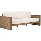 SAFAVIEH Couture Outdoor Patio Furniture Collection - Santiago Natural Eucalyptus Patio Sofa with Beige Cushions, Modern Seating (CPT1051A)