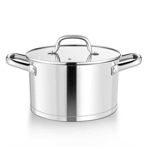HaWare 4.5L Stock Pot, 22cm Stainless Steel Stockpot with Clear Lid, Tri-Ply Bottom Cooking Pot for Pasta/Meat/Soup, Suit for Induction/Electric/Gas/Ceramic, Healthy & Easy Clean