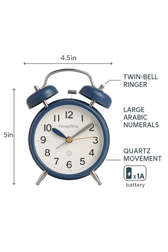 Image of RUCON Table Analog Clock Alarm Super Loud for Heavy Sleepers Retro Twin Bell Metal Frame Clock with Night Backlight Function Bedside Luminous Alarm for Bedroom /Office (Dark Blue)