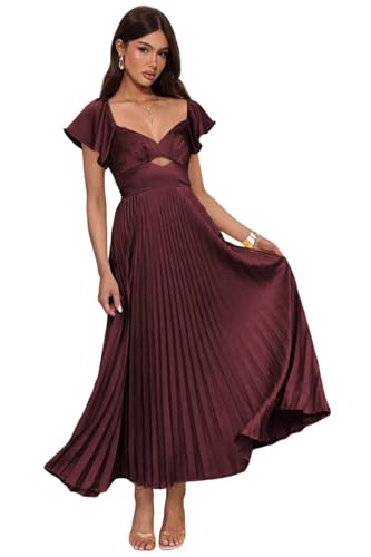 Raseal Satin Flutter Sleeve Bridesmaid Dress Ruched Midi A Line Party Dress for Women RS330
