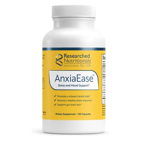 Researched Nutritionals AnxiaEase - Stress, Cortisol Management & Mood Support Supplement - Botanicals, Vitamin B6, Magnesium & 'Psychobiotic' Probiotic Strains (120 Capsules) Cover